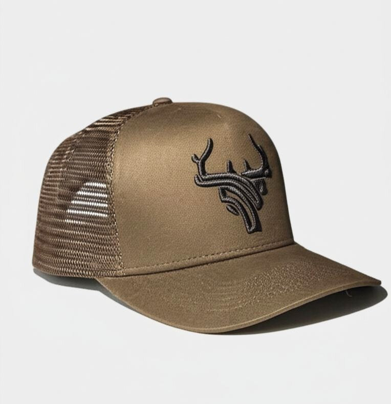 Brown Trucker Cap with Black Deer Antler Logo – Mesh Back, Adjustable Snapback Hat for Men & Women
