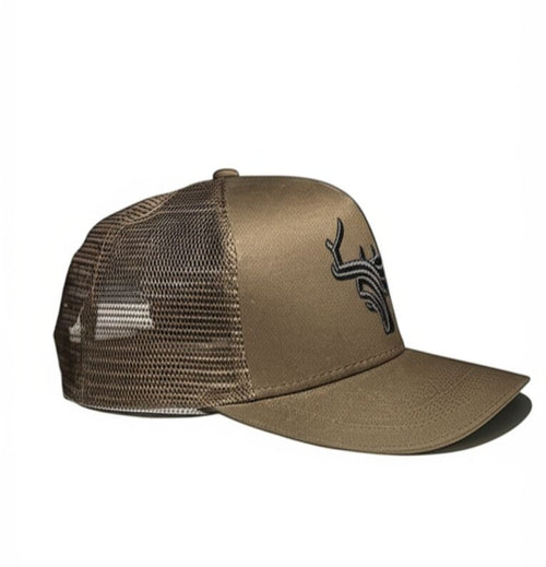 Brown Trucker Cap with Black Deer Antler Logo – Mesh Back, Adjustable Snapback Hat for Men & Women